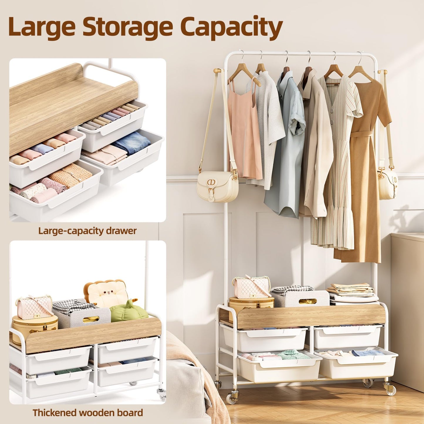 APEXCHASER Clothes Rack, Clothing Rack with Drawer,Rolling Metal Garment Rack for Hanging Clothes, Suitable for Bedroom Closet Living Room(White)