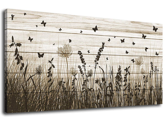 Wildflower Wall Art Autumn Canvas Picture Butterfly Grass Dandelion Artwork Vintage Wooden Board Painting Prints for Bedroom Living Room Office Home Kitchen Wall Decor Framed Ready to Hang 20" x 40"