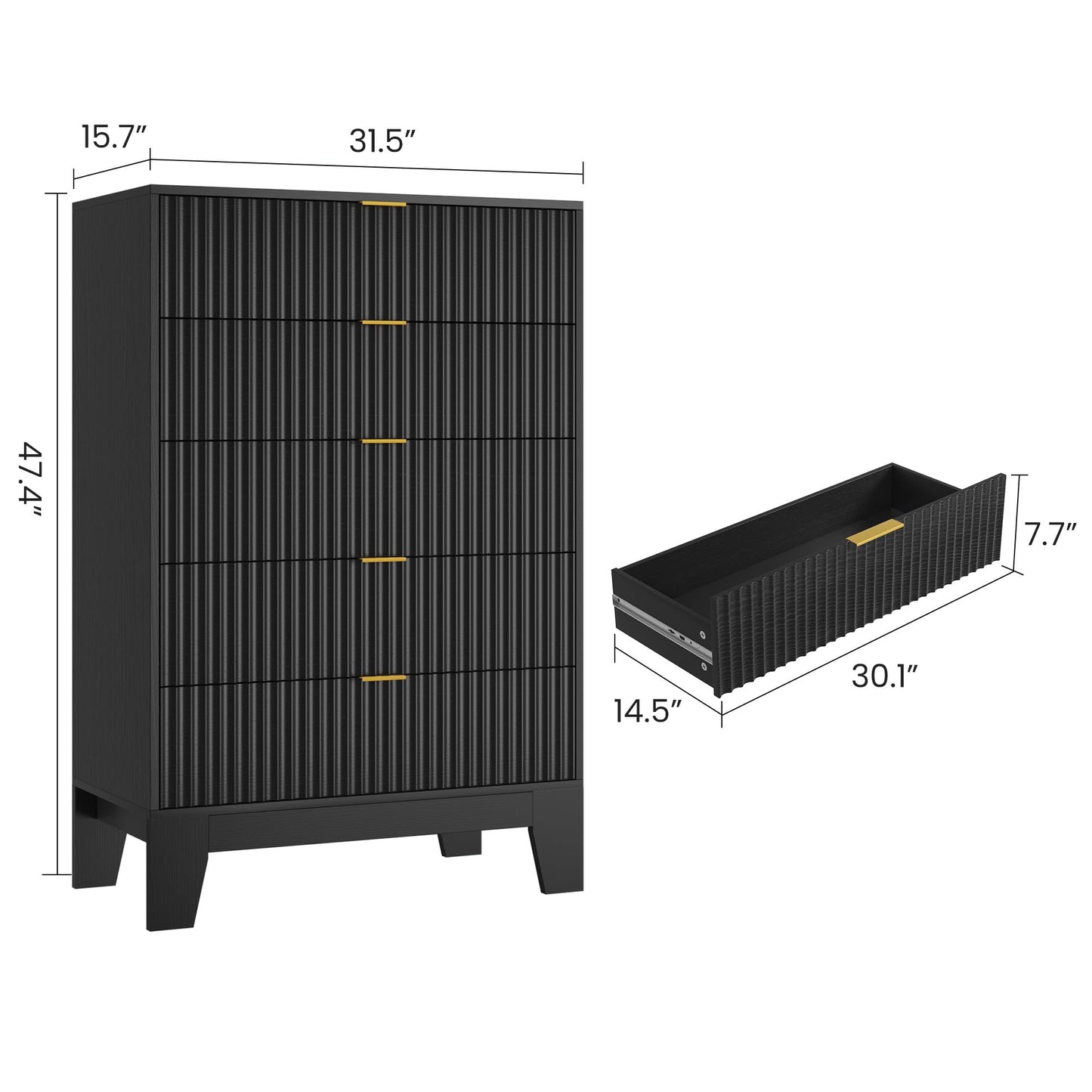 Garvee 5 Drawer Dresser for Bedroom, 47" Tall Fluted Chest of Drawers with Metal Handle, Modern Wooden Dresser TV Stand, Clothes Storage Organizer Wood Closet for Hallway, Entryway, Black