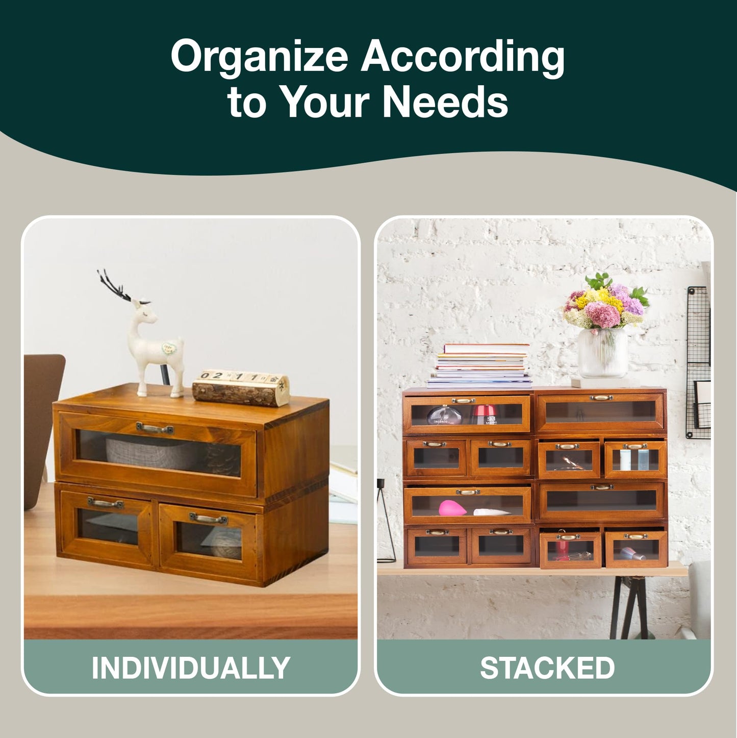 Modular Stackable Fully Assembled Set of 4 Storage Drawers - 12 Drawer See-Through Display Cabinets - 4-Level Desktop Organizer - Wood Box w/Metal Handle Collectible Card Bedazzling Decluttering