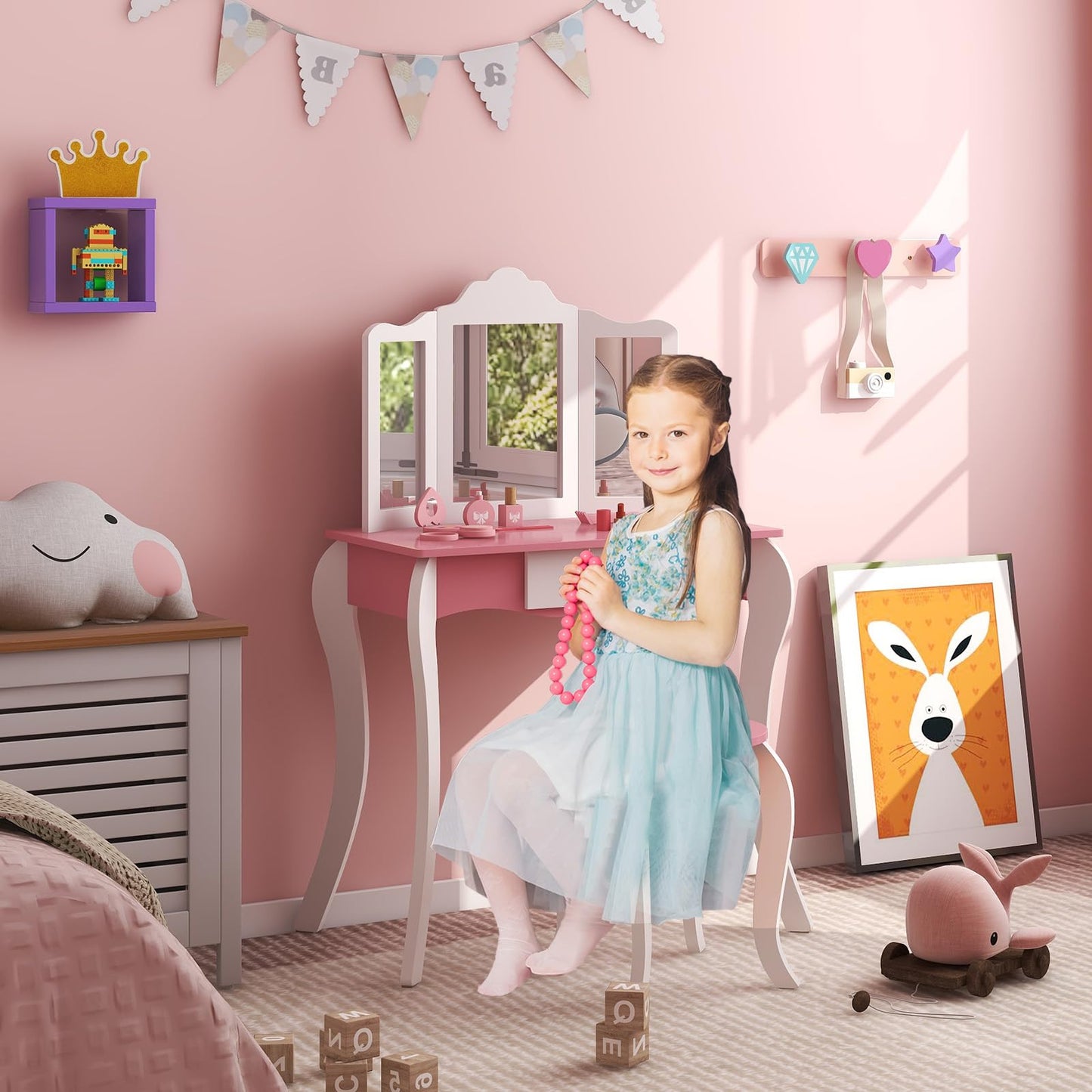 HONEY JOY Kids Vanity, Toddler Wooden Makeup Vanity Table & Chair Set, Tri-Fold Princess Mirror, Little Girls Vanity Set with Mirror and Stool (Pink)