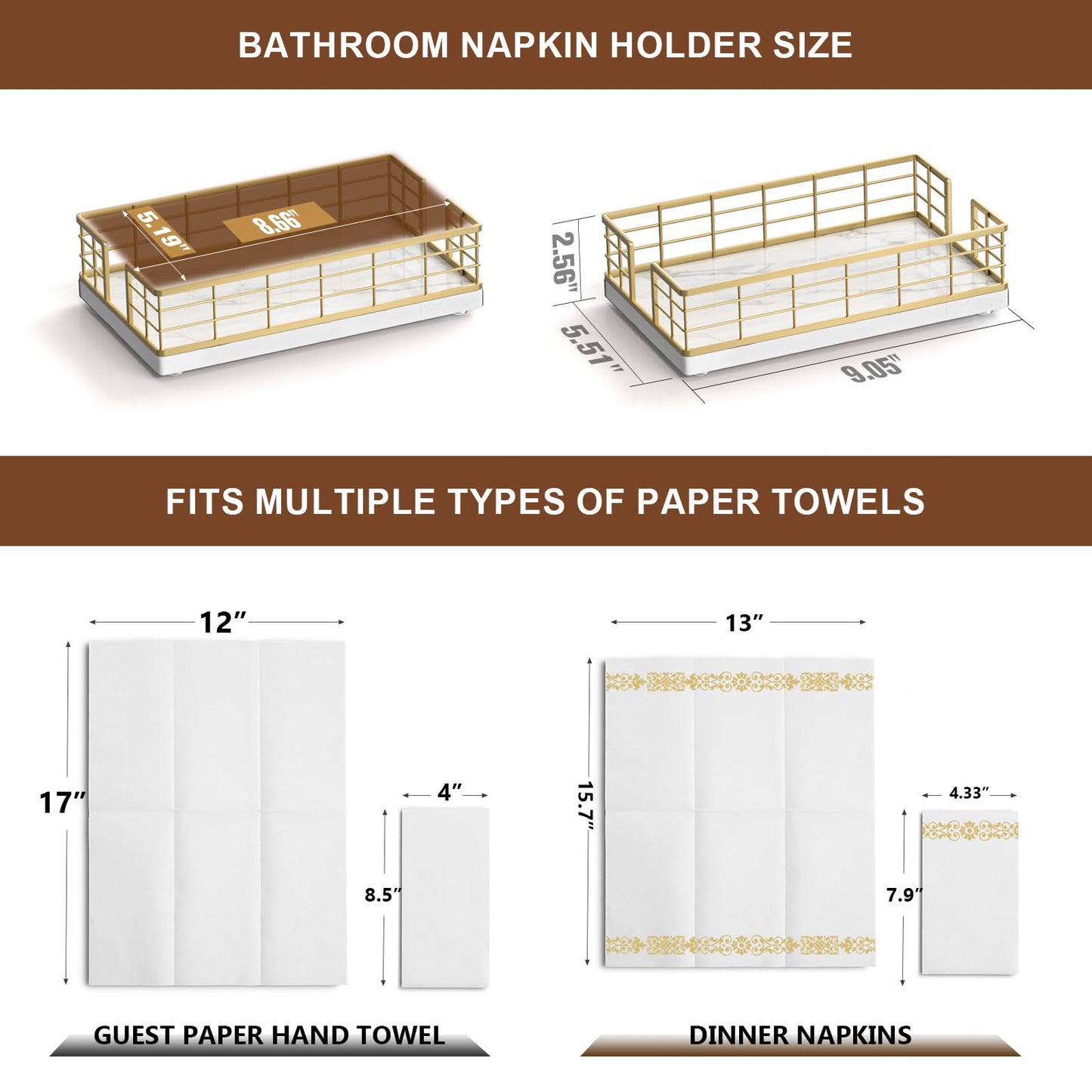 Wican Marble Guest Towel Holder Tray for Bathroom, Napkins Holder for Powder Room Dinning Table Wooden Basket for Disposable Paper Hand Towels Gold and Marble White