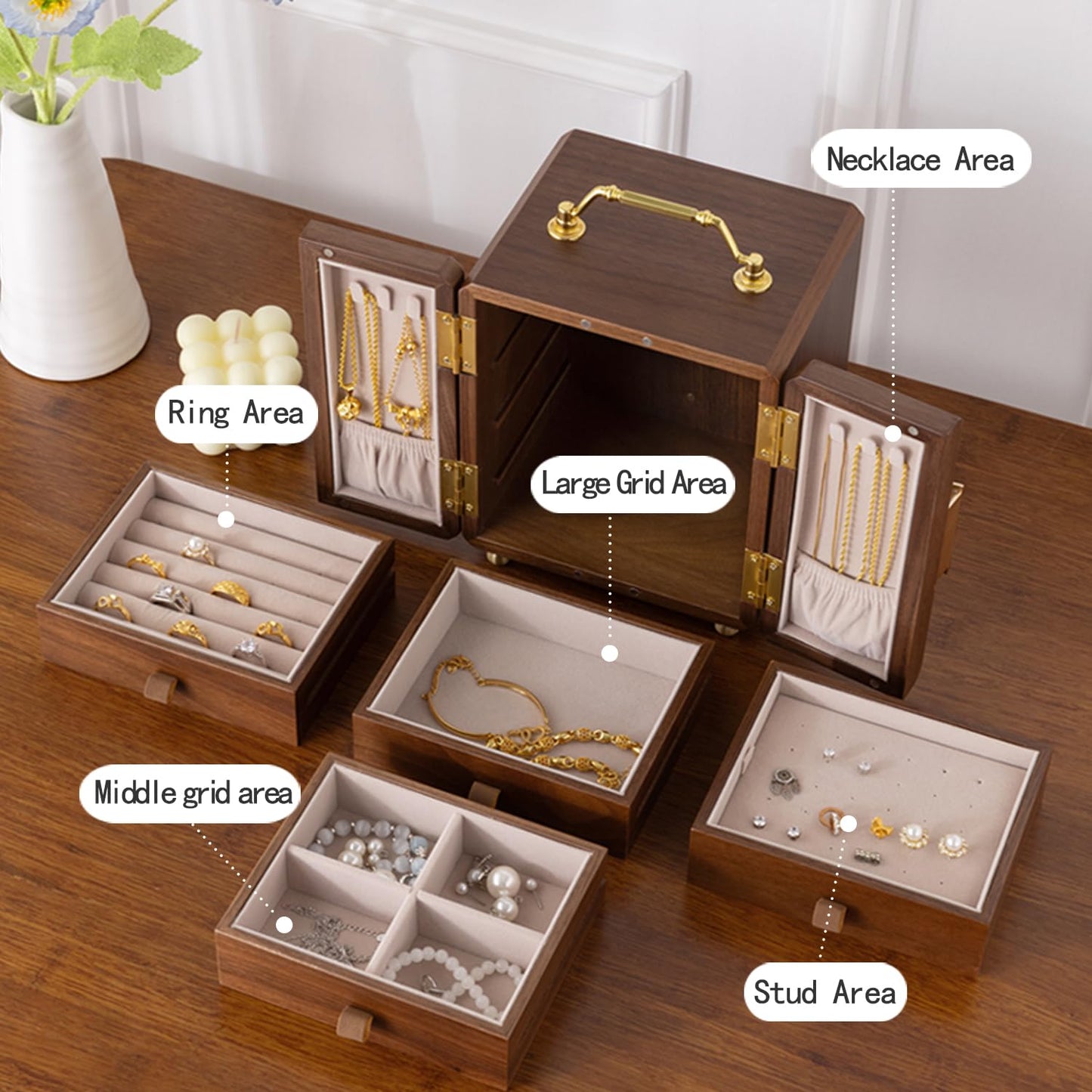 Black Walnut Wood Jewelry Organizer Box, 4-Layer Dustproof Storage ,Jewelry Case for Rings, Earrings & Necklaces – Ideal Gift for Anniversaries, Weddings, Birthdays, Mother’s Day & Valentine’s Day
