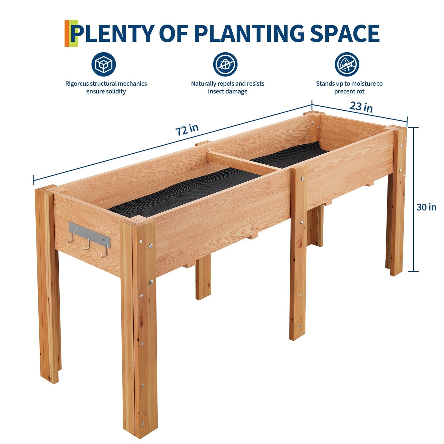 72x 23x30IN Raised Garden Bed Outdoors with High Legs & Hooks, Non-Woven Liner, Elevated Wooden Large Planter Box for Backyard, Patio, Balcony w/Divider Panel, 6 Legs, 300lb Capacity