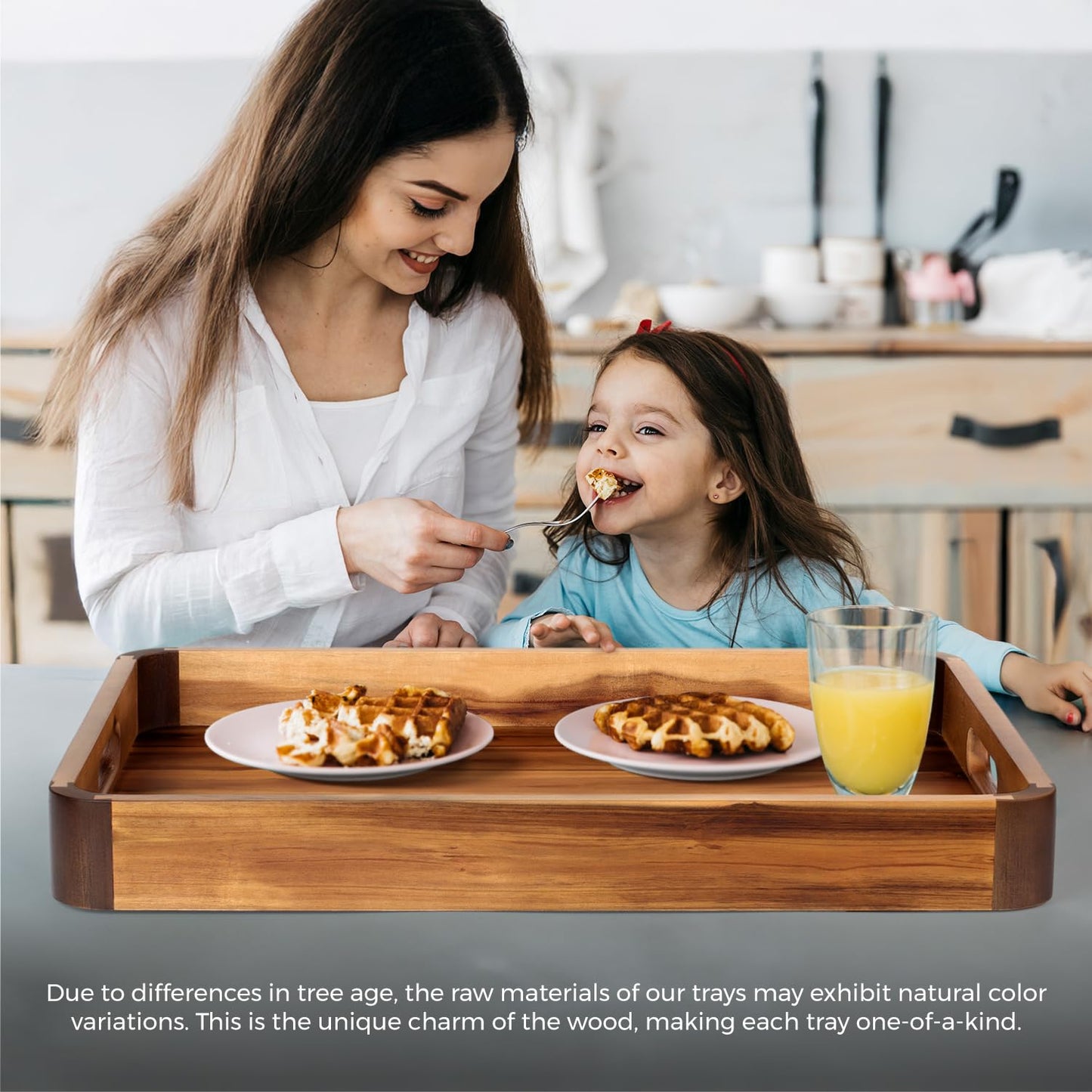 22 x 15.7 Inch Large Acacia Wood Serving Tray with Handles, Extra Spacious Decorative Wooden Tray with Dark Walnut-Tone Curved Corner Accents for Coffee Table, Ottoman & Kitchen Counter