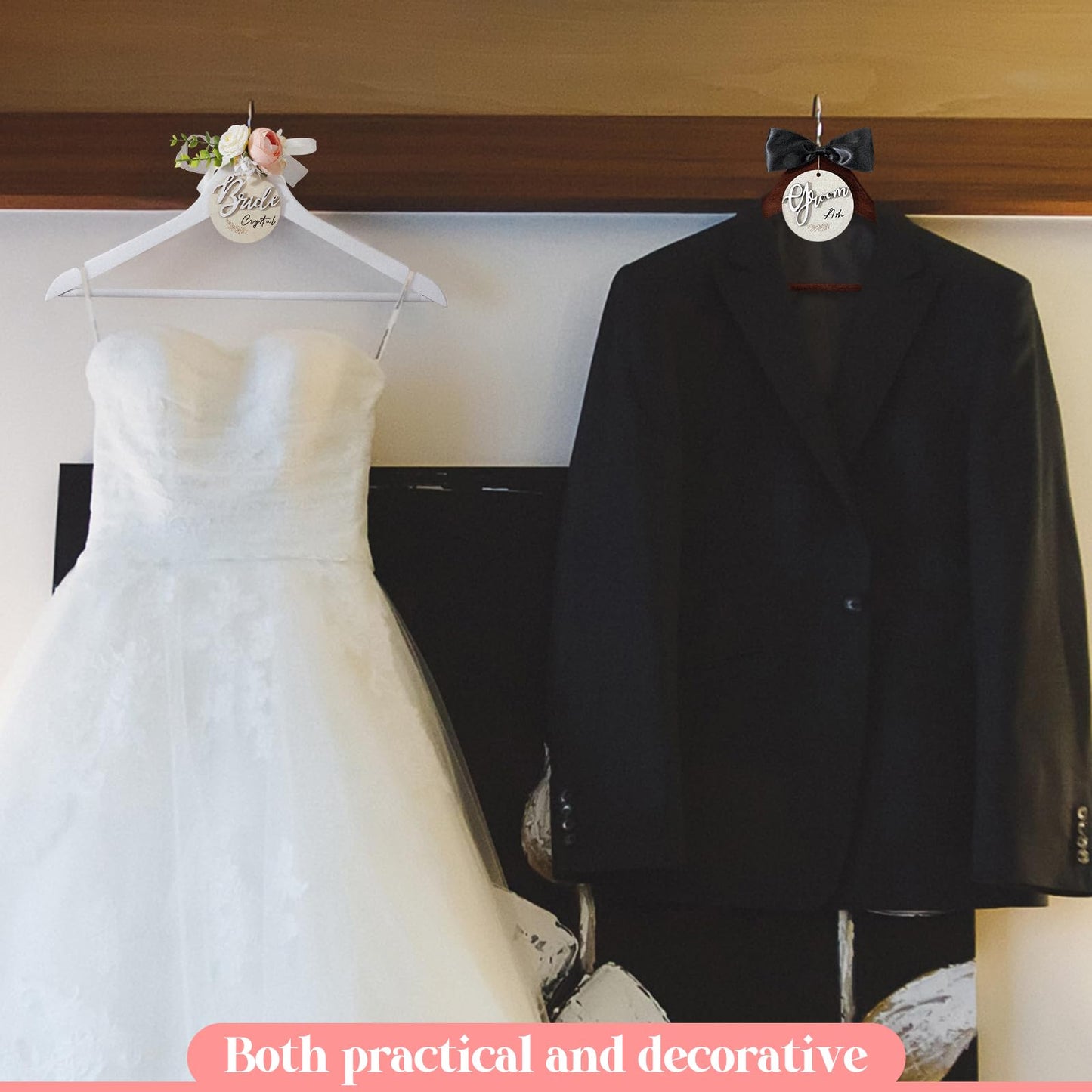 FillTouch 2 Pack Bride Hanger for Wedding Dress Elegant Bride Dress and Groom Tuxedo Suit Wooden Hanger with Bow Tie for Wedding Day Gift Supplies Bridal Party Shower(Pink)