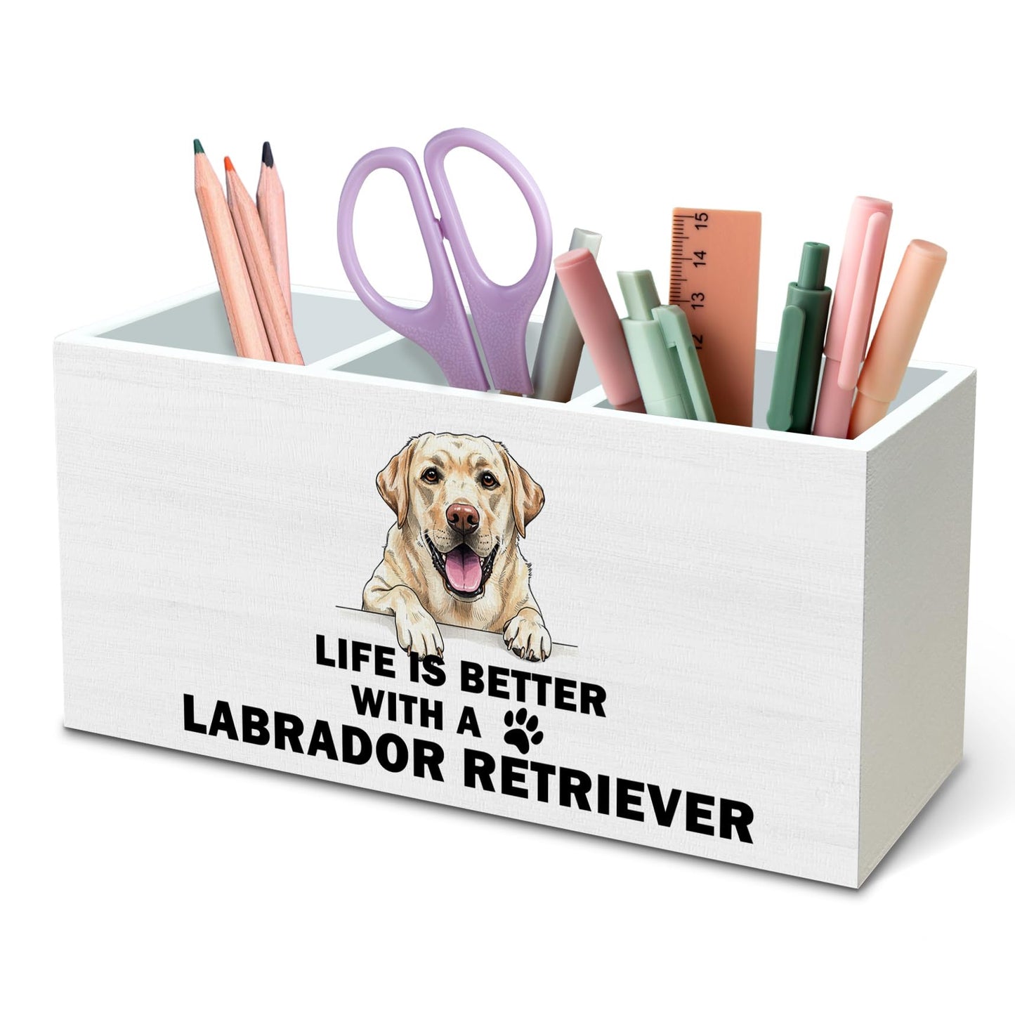 DILSJ Labrador Retriever Gifts Pen Pencil Holder Organizer For Desk, Dog Mom Dad Lovers Gifts, Life Is Better With Labrador Retriever Wooden Box Signs For Home Office Desk Tabletop Decoration