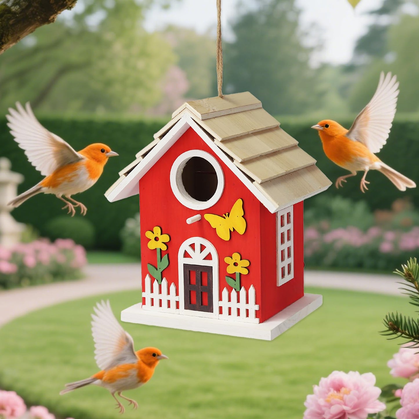 Wooden Bird Houses Bird House for Outside,Red Wood Bird House for Outdoors, Nesting Box with Sturdy Rope, Haing Bird Houses for Garden Blue Bird Hummingbird Wren Cardinal Swallow Sparrow Finch