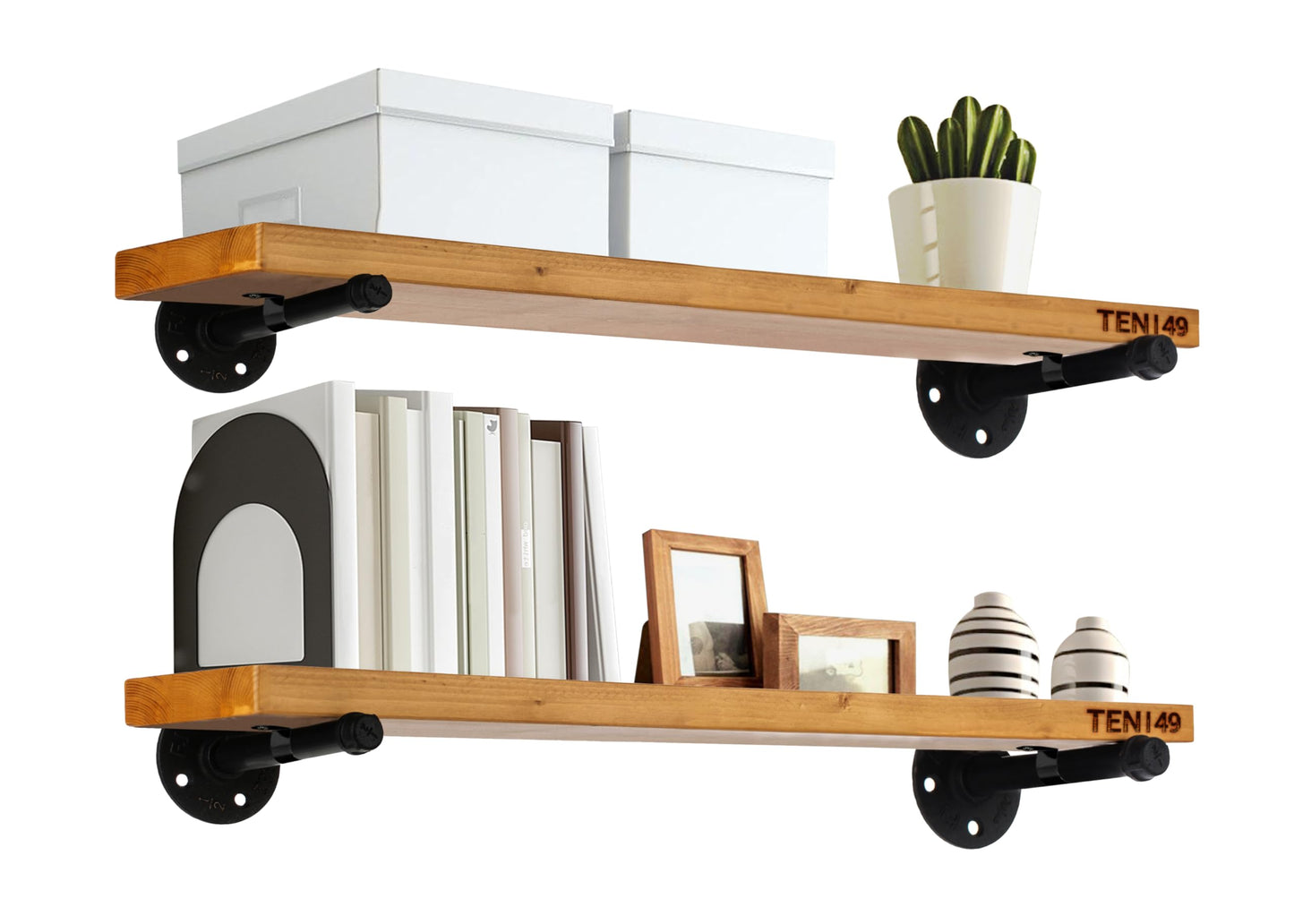 TEN49 Real Wood Rustic Floating Shelves Wall - 24 Wide Small Wooden Industrial Pipe Shelving - Farmhouse Pipe Wall Shelves Furniture Bathroom Decor Art Shelf Kitchen - Light Walnut Color - Set of 2