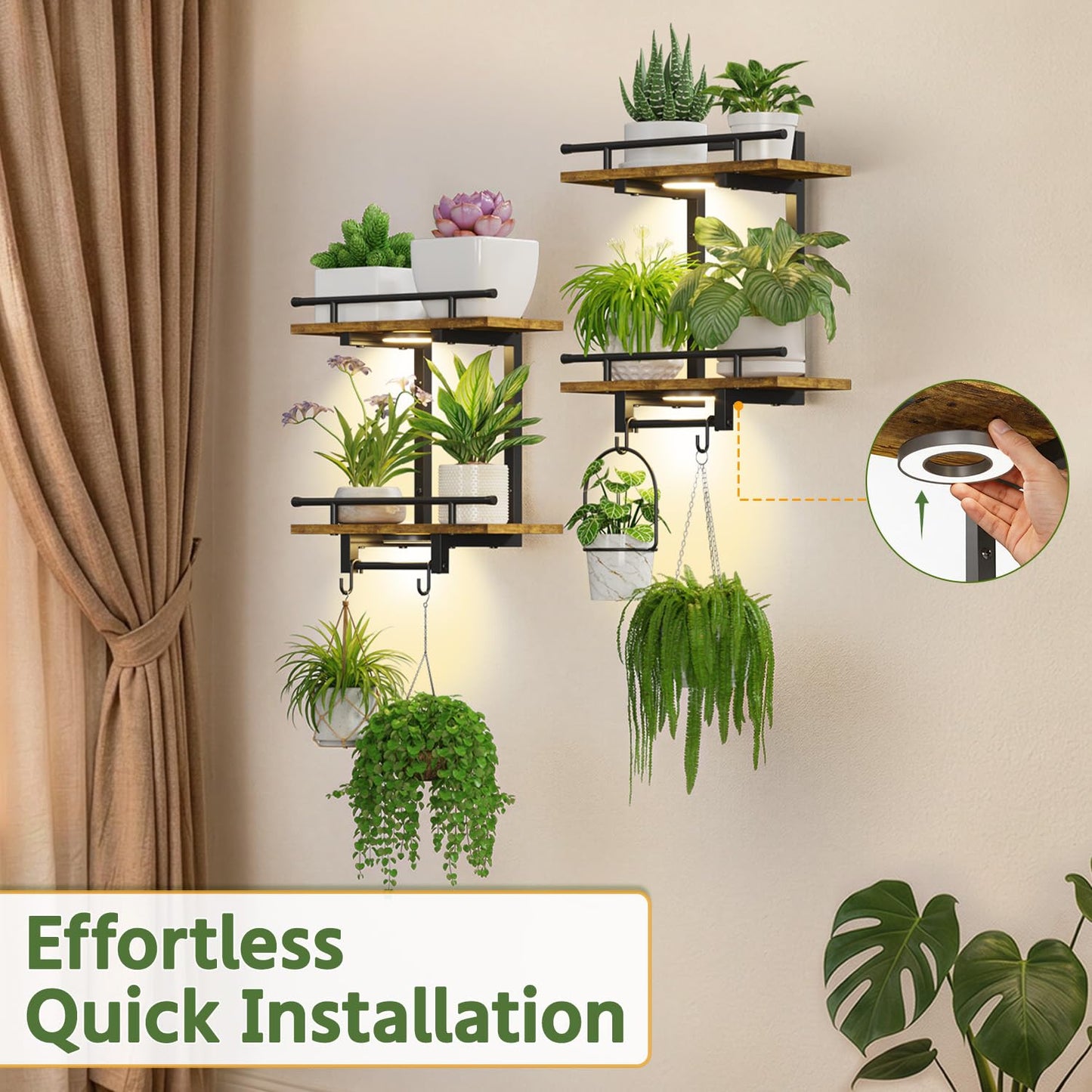 LASZOLA Floating Plant Shelves Holder Wall Mounted Indoor with Grow Lights, 2 Pack Plant Hangers Stand with 4 Hooks, Metal and Wood Flower Hanging Display for Living Room Kitchen Bathroom Decor, Brown