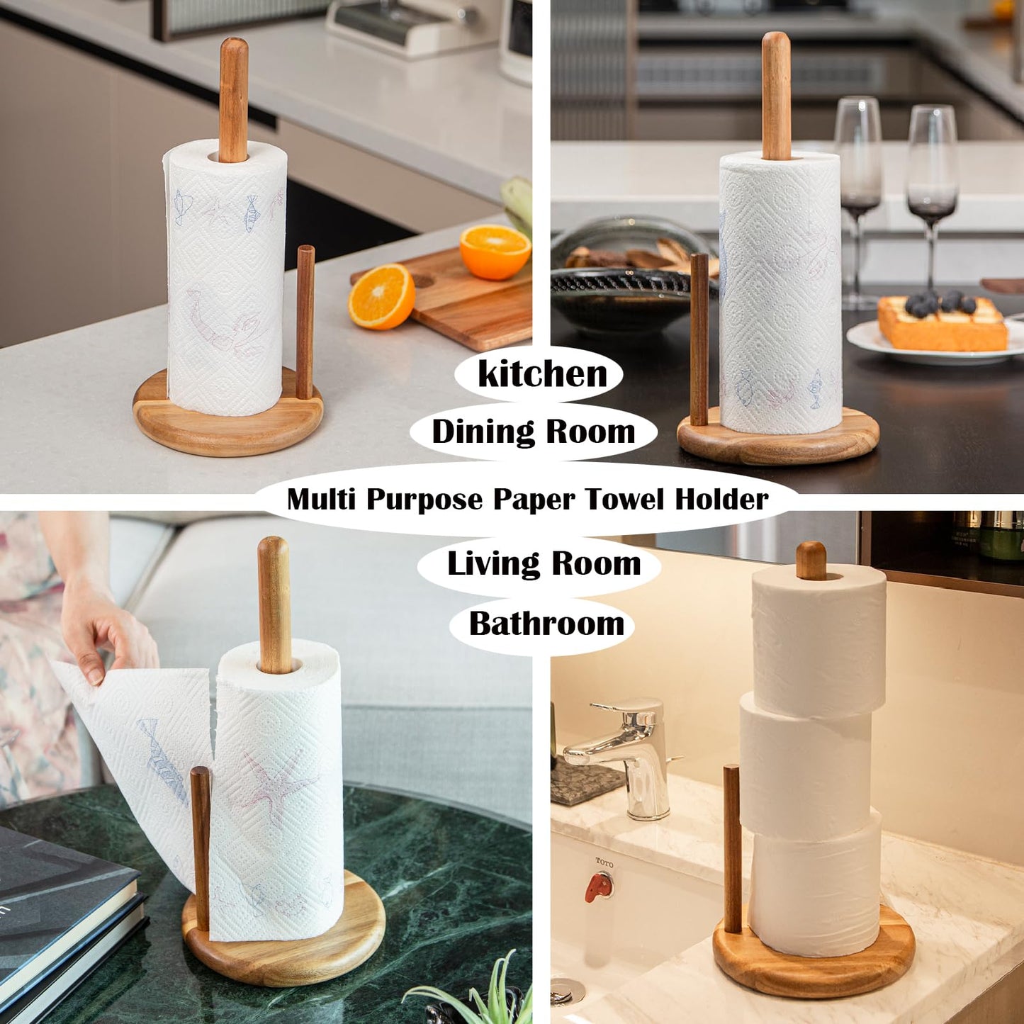 Paper Towel Holder Wood 14" Acacia Wooden Paper Towel Holder Countertop Kitchen Paper Towel Roll 6.7" Large Rustic Farmhouse Paper Towel Holders Heavy Base Stand Organizer Free Standing