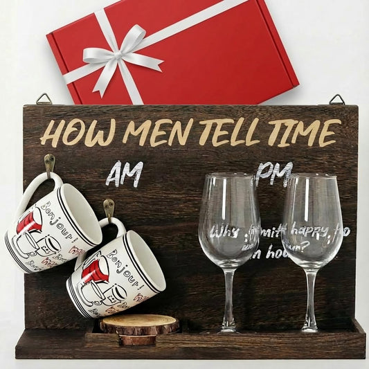 Wall Mounted or Tabletop Wooden Drinkware Board | AM/PM Coffee Mug and Alcohol Glass Holder | Funny Gift for Men, Dad, Husband, Christmas - Fits Wine, Whiskey, Beer Glasses | Glasses Are Not Included