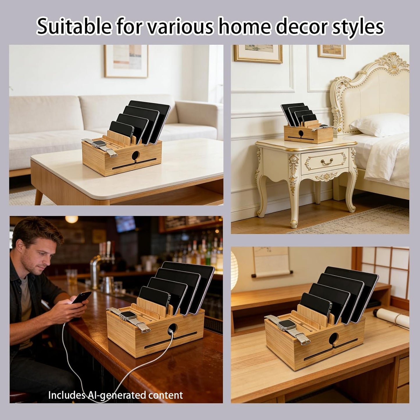 PERFECYEE Bamboo Charging Station Organizer for Multi-Devices with Tray, Nightstand Desk Electronic Organizer Stand for Cell Phone, Tablet, Etc (with 5-Cable, No USB Charger)