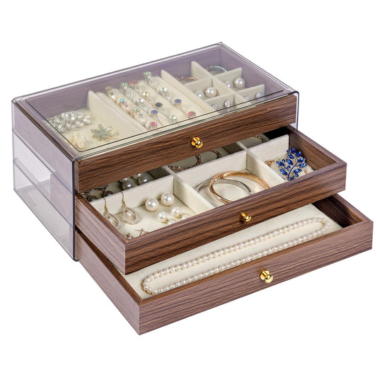 Simple Supplies Wooden Jewelry Box for Women, 3-Layer Jewelry Organizers and Storage with 3 Drawers & Velvet Trays, Large Earring Holder, Necklace Ring Travel Case, Gift Box for Drawer, Wood