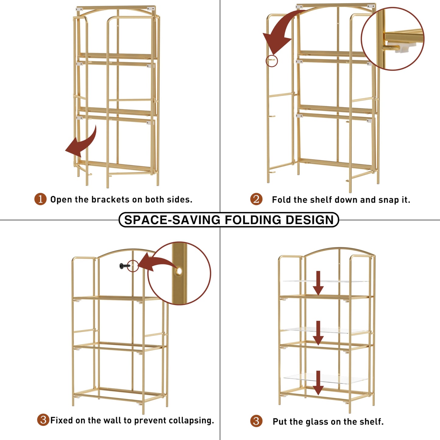 Crofy 3-Tier Foldable Bookshelf, Gold Frame & Transparent Shelves