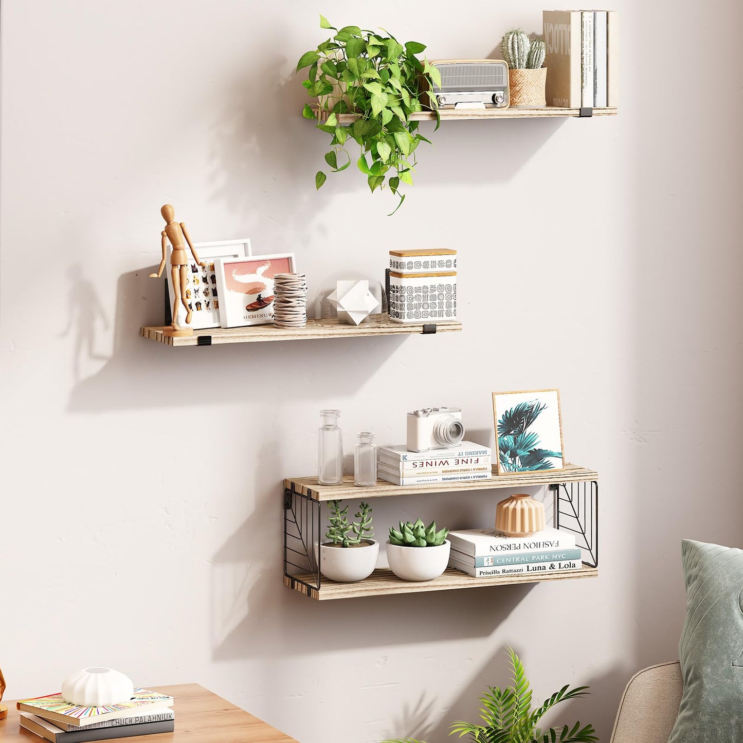 Fixwal Bathroom Floating Shelves Over Toilet, 15.8in Farmhouse Rustic Wood Shelves, Wall Decor for Bathroom, Living Room,Bedroom and Kitchen (3 Plus 1 Tier Rustic Brown)