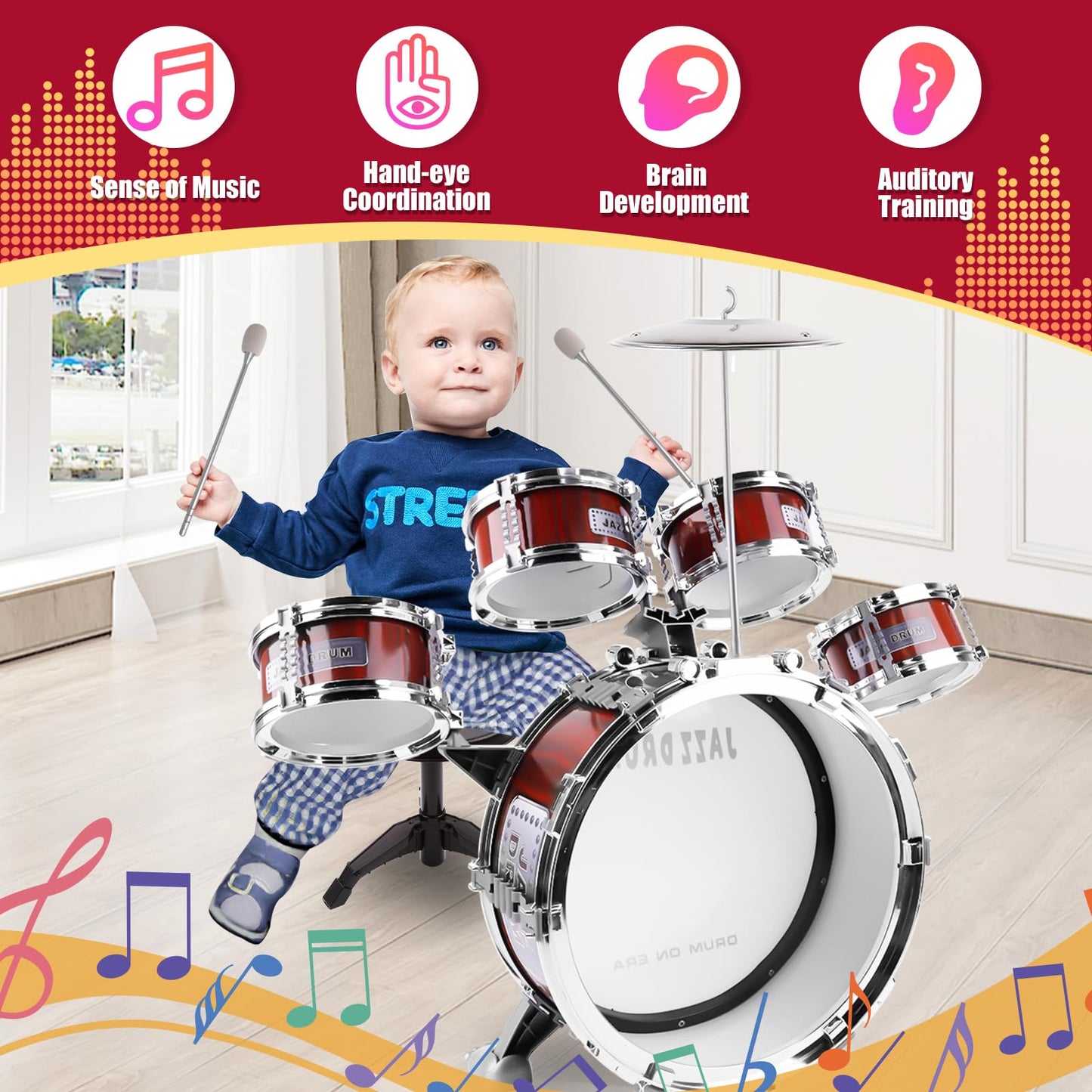 Kids Drum Set for Toddlers 3-5 - Musical Instruments Toys Drum Kit 9 Pcs with Stool, Birthday Musical Toys for Toddlers 3 4 5 Year Old Boys Girls