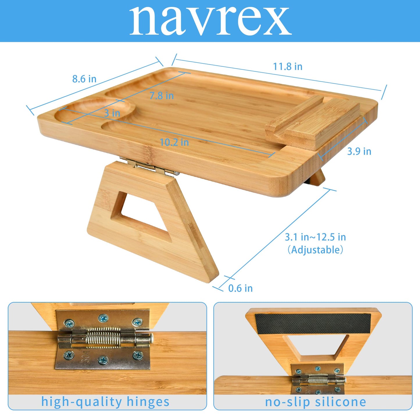 Couch Arm Tray Table Clip on Sofa, Armrest TV Tray Table with 360° Rotating Phone Holder, Solid Bamboo Side Table for Wide Couches Arm, Gift for Mom Dad or Friends，Fits Sofa Arms 6-10 inches Wide