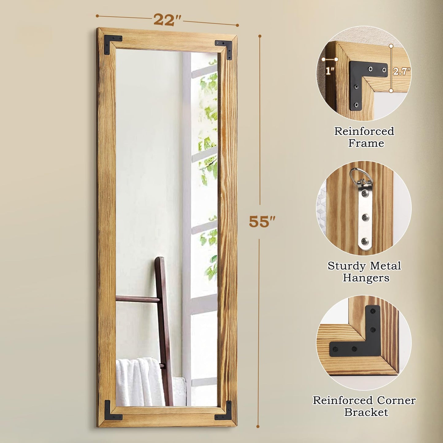 YNCLCS 55"x22" Full Length Mirror with Wooden Frame，Natural Wooden Standing Mirror, Solid Wood Frame, Hanging or Leaning Wall-Mounted, Suit for Farmhouse, Living Room, Bedroom (Light Brown)