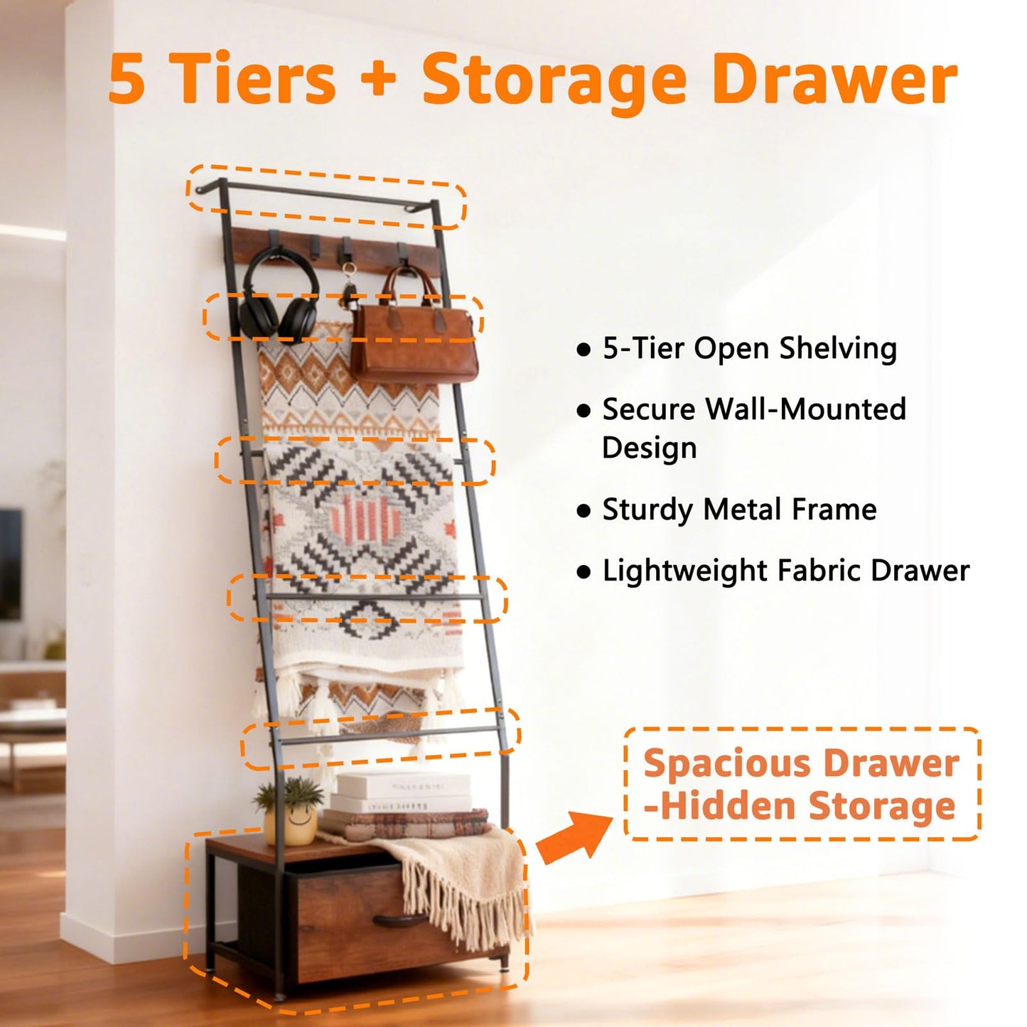PapeFolicer Metal Blanket Ladder with Storage Drawer, 5 Tier Black Blanket Ladders for the Living Room with Hooks, 5.2ft Wall Leaning Quilt Ladder for Blankets, Towels & Throws, Farmhouse Decor