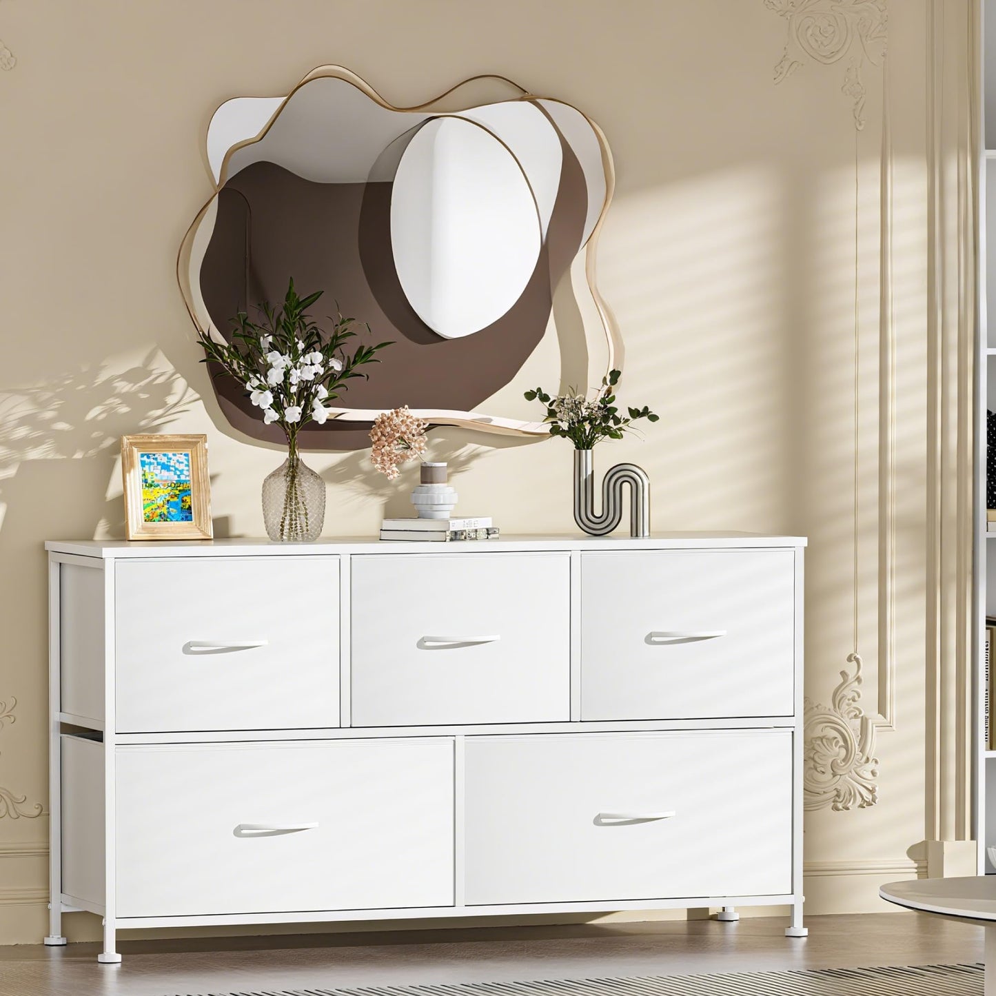 Hexago Dresser with 5 Fabric Drawers, Dressers for Bedroom, Wide Storage Organizer with Metal Frame for Closet, Living Room, Entryway, White