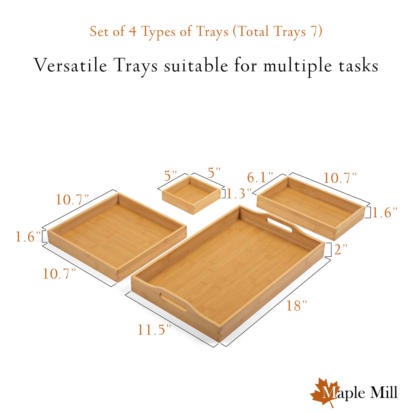 MAPLE MILL - Wooden Tray with Handle - Set of 7 Bamboo Trays for Serving Food - for Breakfast in Bedroom, at Dinner or Coffee Table - Decorative Bamboo Tray