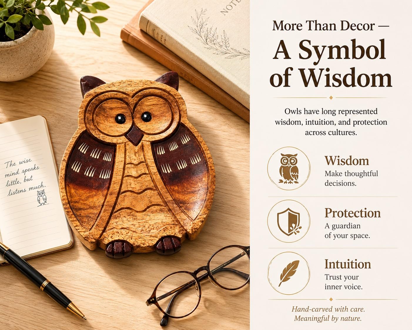 MMTONGZH Wooden Owl Tray, Hand Carved Symbol of Wisdom and Protection, Decorative Catchall Tray for Keys, Jewelry, Coins, Owl Gift for Desk, Entryway, Dresser