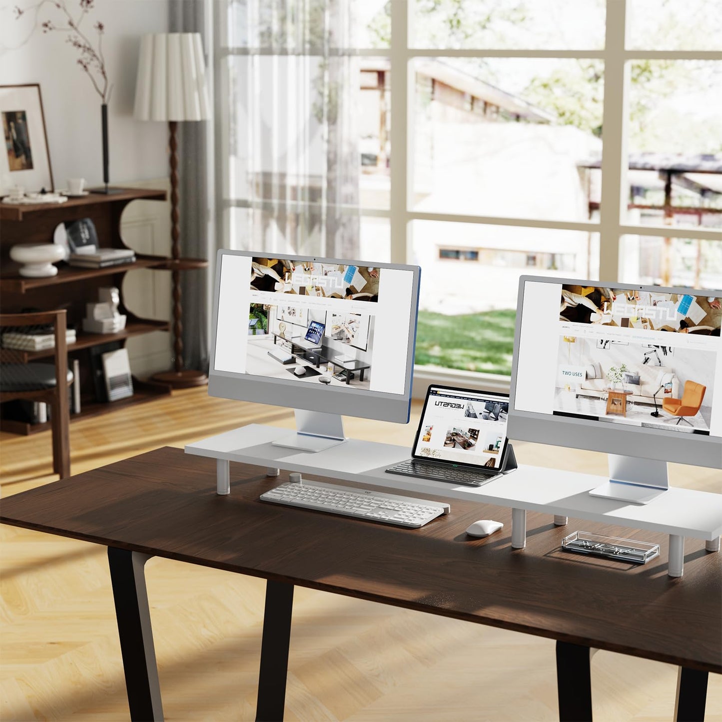 WEGASTU Large Dual Monitor Stand Riser 43.3IN，White Home Office Storage For Desk Accessories，Solid Wod Desk With Adjustable Legs For computer/PC/Laptop/Printer/Container/dressing table