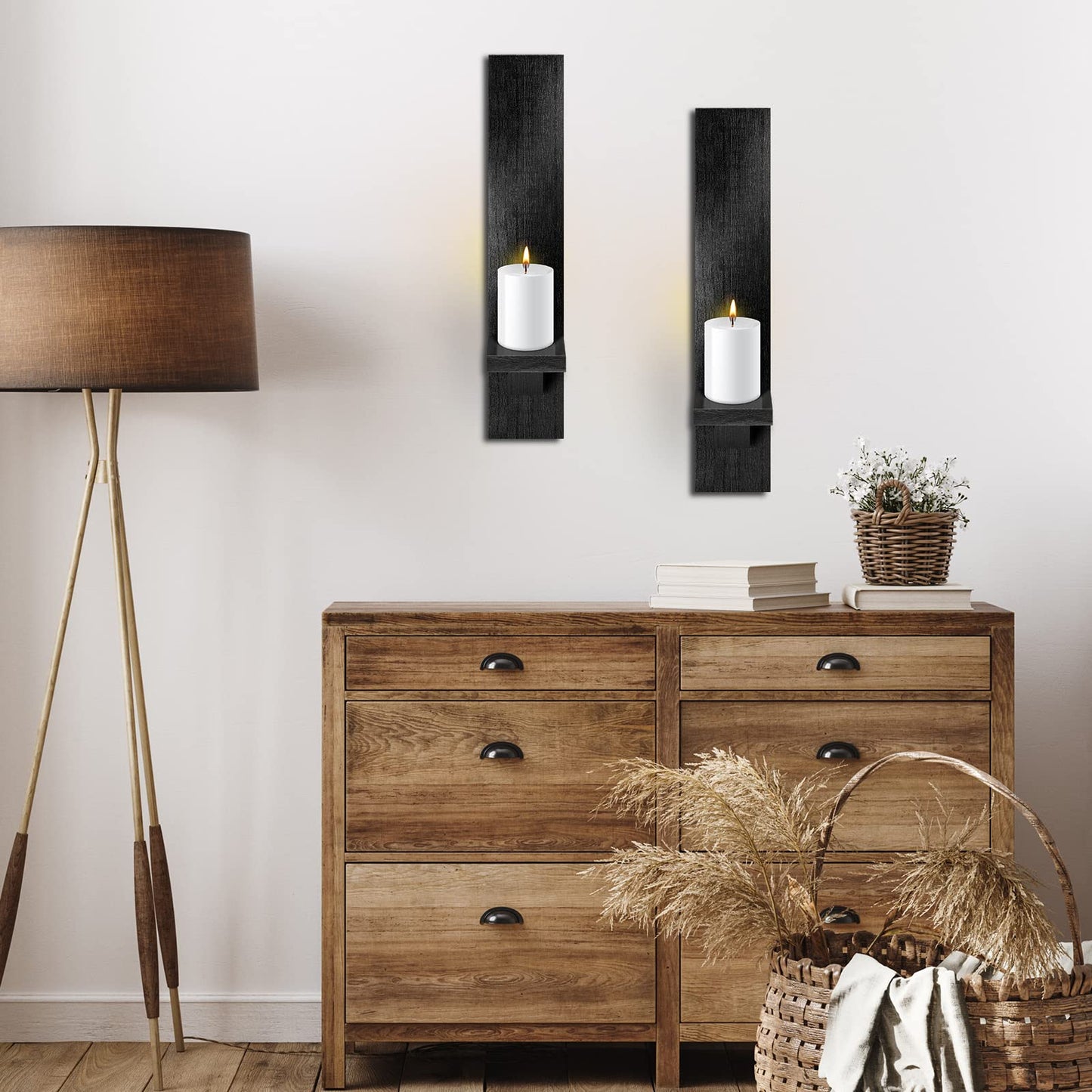 Potchen 4 Set Wooden Wall Candle Holder Sconces Mount Decorative Holders Decor Rustic Hanging Shelf Living Room Decoration for Farmhouse Bathroom Bedroom Vase Living Room(Black)