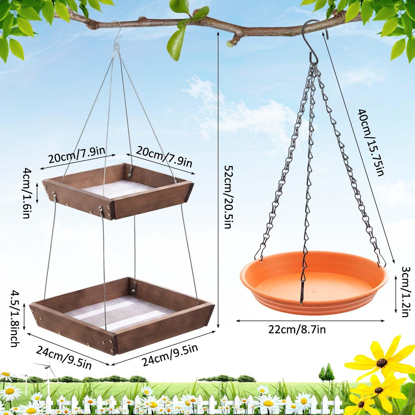 Ferrochef 2 Tier Large Platform Cedar Bird Feeders with Round Hanging Birds Watering Tray, Bird Bath, Wooden Mesh Seed Tray Platform for Outdoors Garden Decor, for Cardinal Blue Jay
