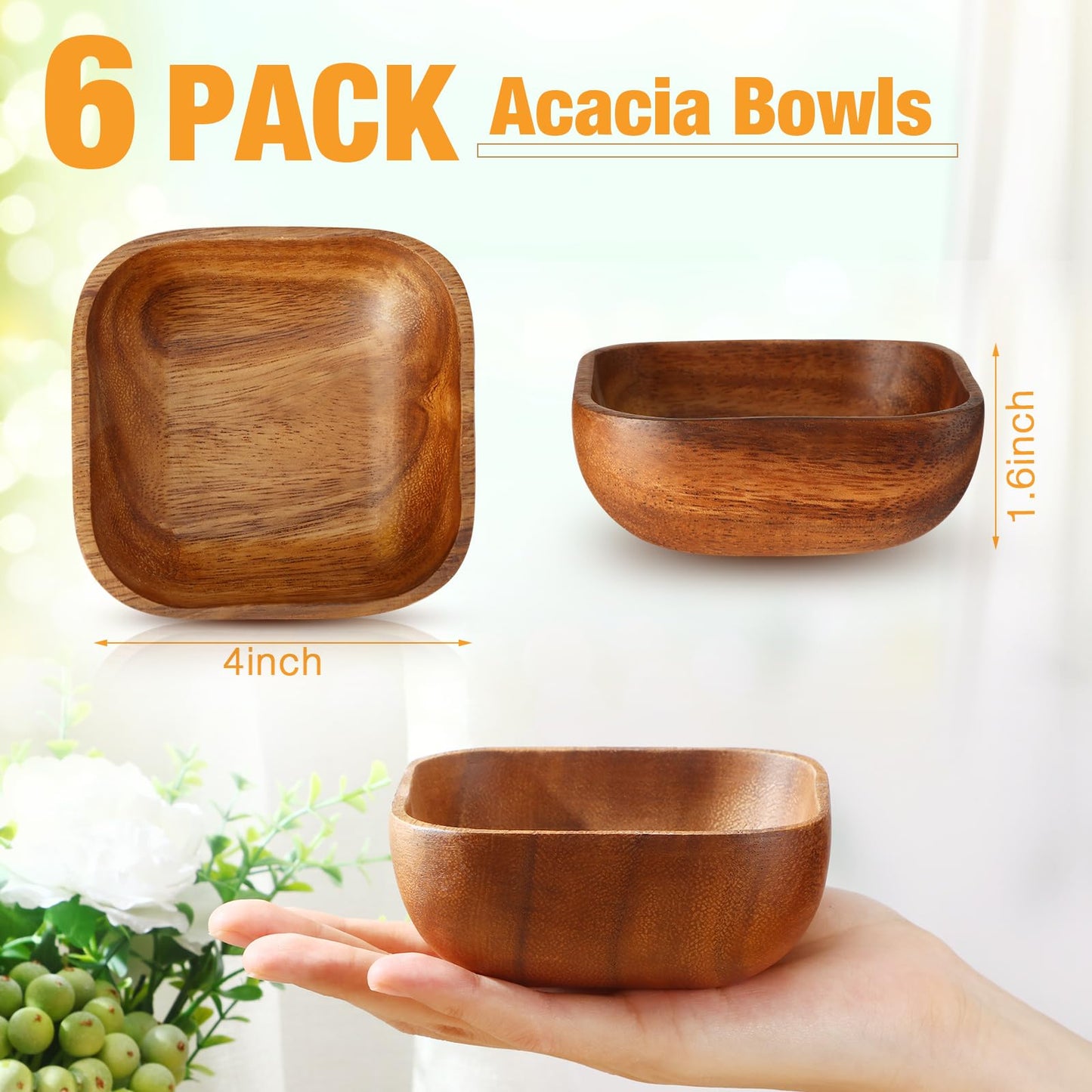 FillTouch 6 Pcs Natural Acacia Wooden Bowl Small Square Wood Serving Bowl 4 x 4 x 1.6 Inch Handmade Calabash Dessert Mini Wooden Container for Kitchen Appetizers Candy Fruits Dips Sauce Seeds Snack