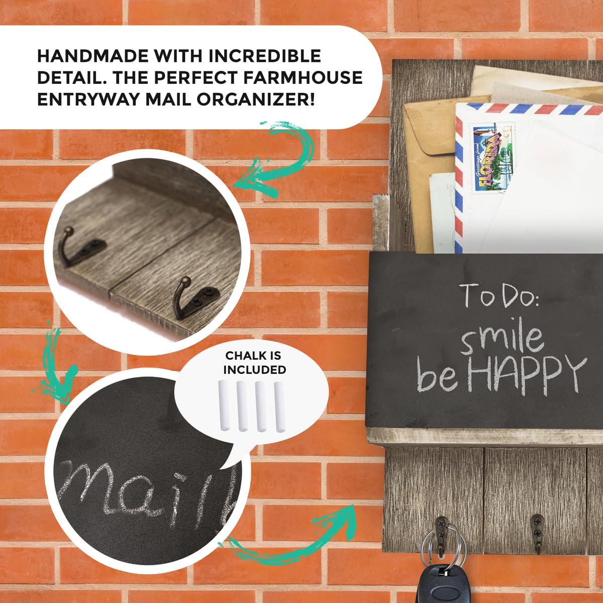 Wallcharmers Rustic Wall Mount Mail Organizer with Chalkboard, Key Hooks, Wood and Metal Construction