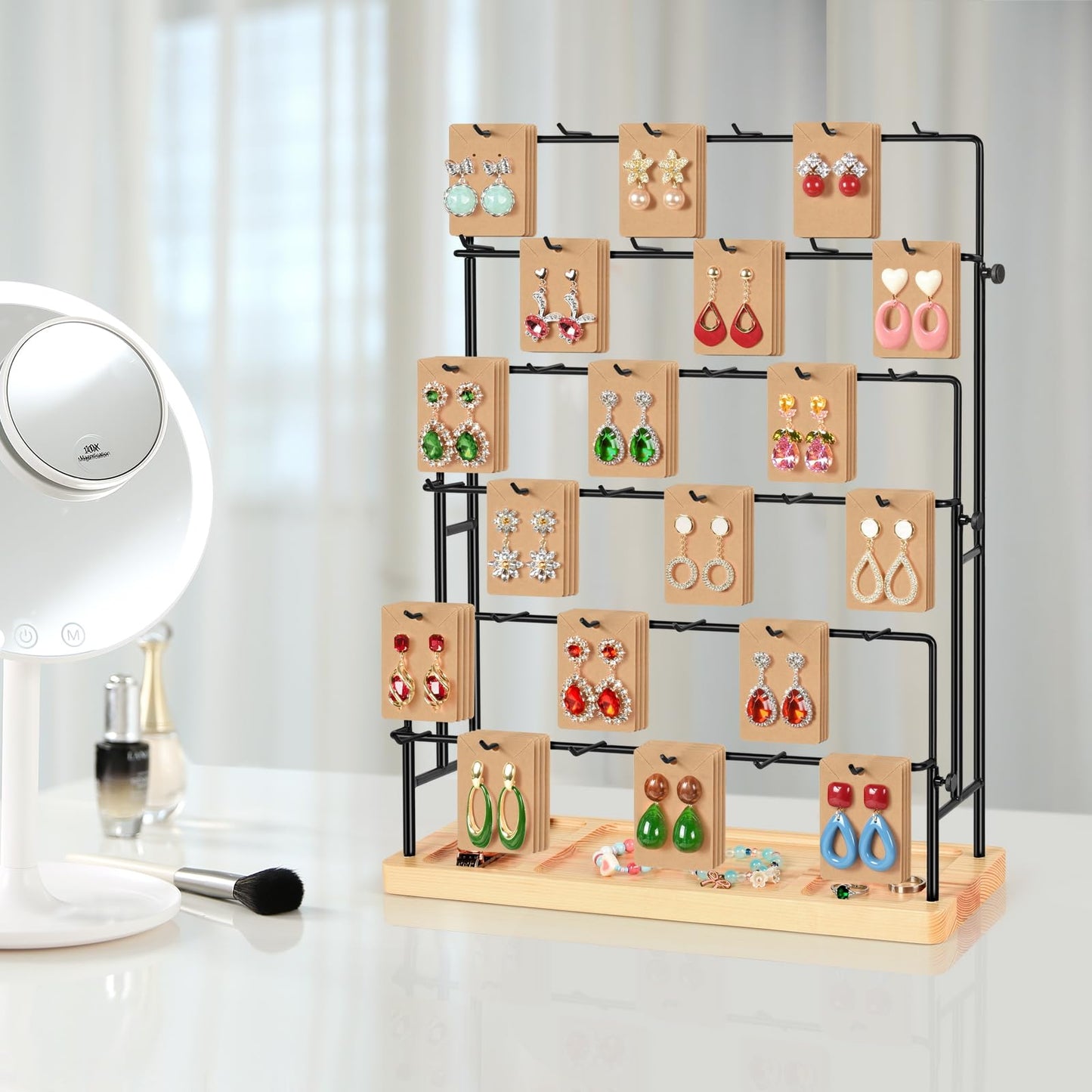 GEAMSAM Jewelry Display for Vendors, 36 Hooks Earring Display Stands for Selling, Earring Holder Organizer for Earring Cards, Bracelets, Necklaces, Rings, Keychains Retail-Burlywood