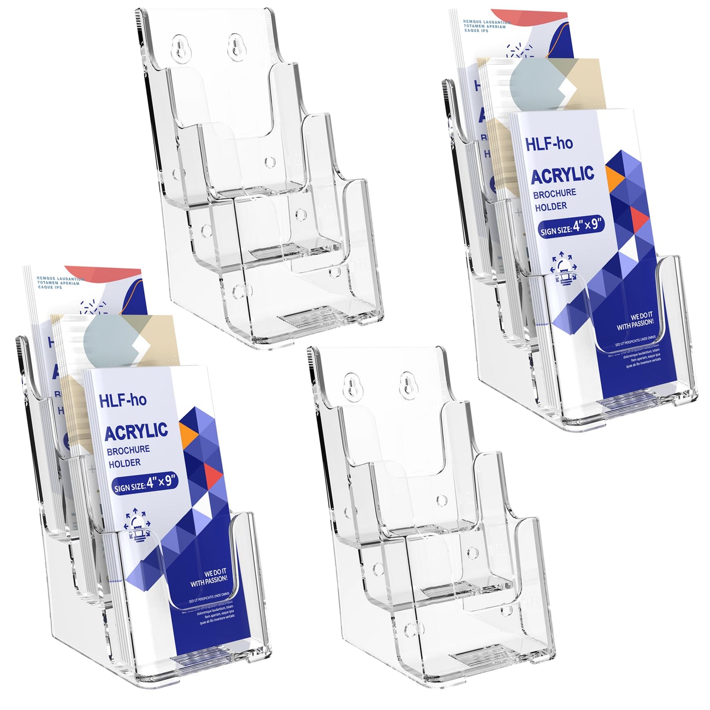 HLF-ho Brochure Holder 4x9 Inch 3 Tier Acrylic Literature Holders Clear Plastic Flyer Display Stand Countertop Use or Wall Mount Pamphlet Holder Organizer for Office, Lobby, Hotel, Trade Show, 4 Pack
