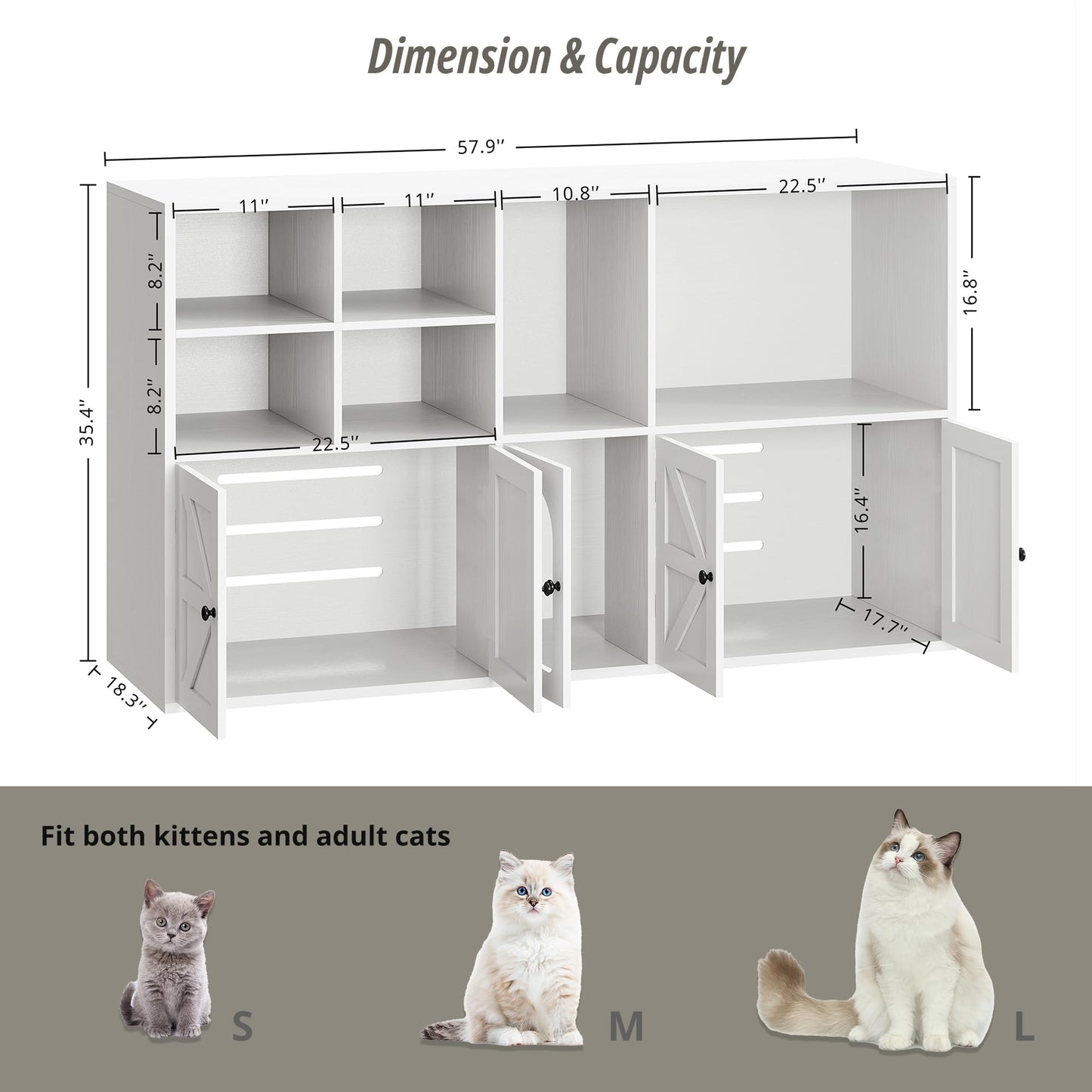 IRONCK Cat Litter Box Enclosure for 2 Cats, Litter Box Furniture Hidden with Double Room and Large Storage Space, Wooden Washroom Furniture, Cat House, White