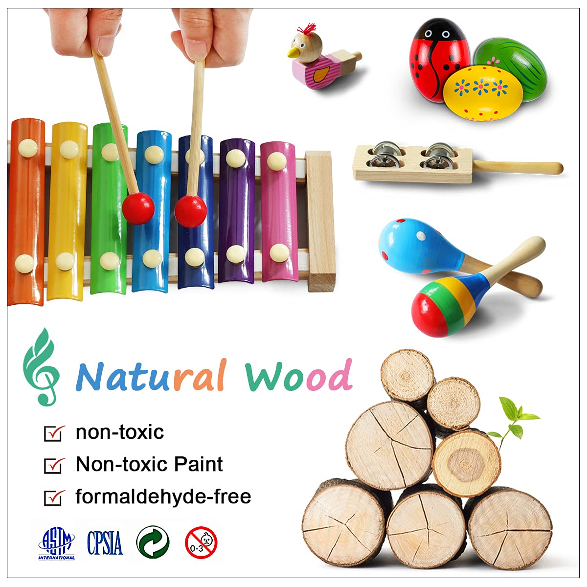 LOOIKOOS Toddler Musical Instruments,Wooden Percussion Instruments Toy for Kids Preschool Educational Musical Toys Set for Boys and Girls with Storage Bag