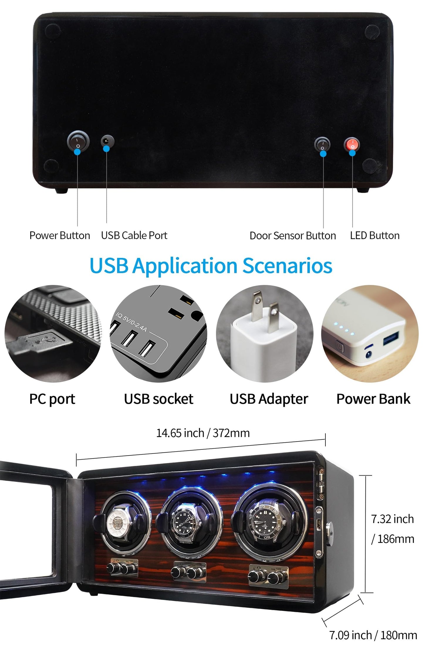 Oryx 3 Watch Winders for Automatic Watches Wooden Rotating Watch Box 15 Rotation Modes Setting Display Case with LED Light, AC or USB Powered Super Quiet Mabuchi Motor