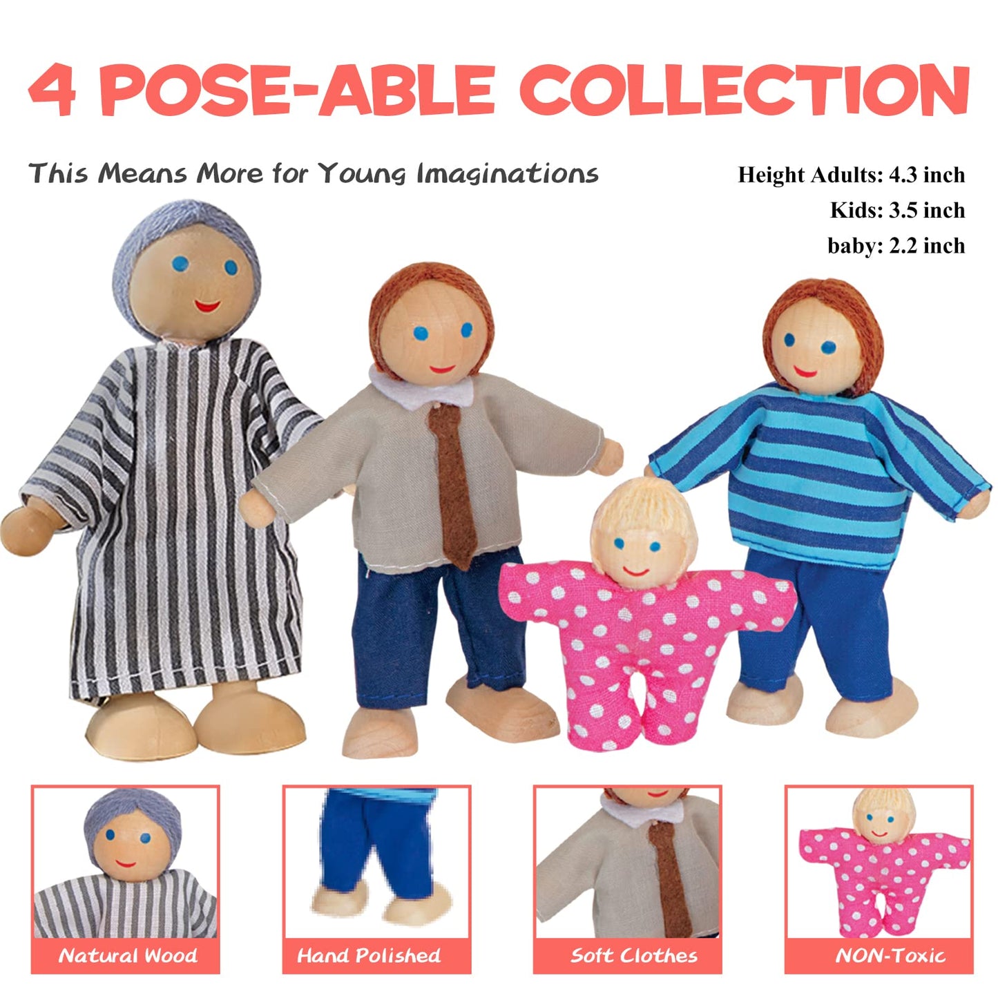 Wooden Dollhouse Furniture Set, 72pcs Furnitures with 8 Family Dolls, Dollhouse Accessories Pretend Play Furniture Toys