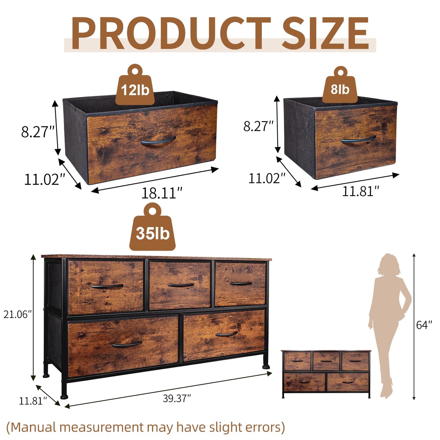 SHAWKEN Dresser for Bedroom with 5 Drawers,Fabric Dresser with One-Piece Steel Frame,Budget-Friendly Organizer for Closet, Hallway, Studio Apartment (Rustic Brown)