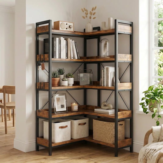 GTPLAYER 5-Tier Corner Bookshelf, L-Shaped Metal Frame Shelf with Tall 14" Shelves, Plant Stand and Storage Rack for Small Spaces, Living Room and Home Office, Brown