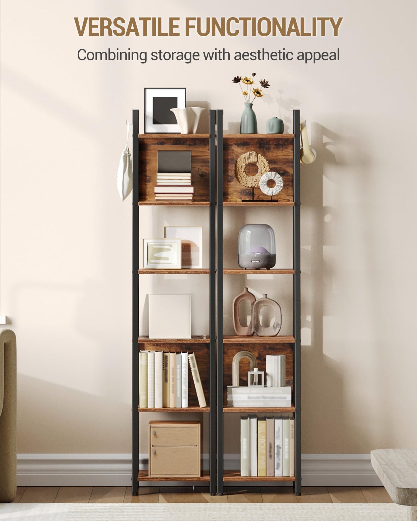 Hzuaneri Ladder Shelf, 6-Tier Narrow Bookshelf with 2 Back Panels, Industrial Ladder Shelf with 2 Hooks, for Home Office, Living Room and Bedroom, 12.2" D x 12.2" W x 63" H, Rustic Brown BC31601B