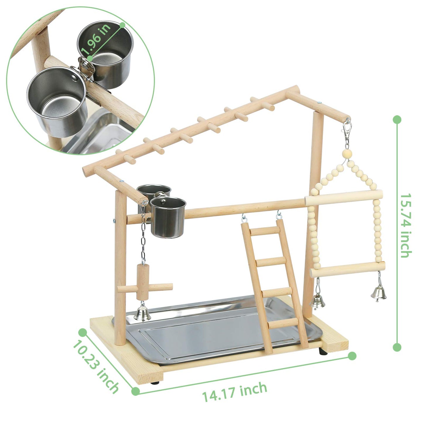 Ibnotuiy Parrot Playstand Bird Playground Birdcage Wood Perch Stand Ladder Swing with with Feeder Cups Birds Play Gym Cockatiel Playground Include Hanging Bell Swing Ladders