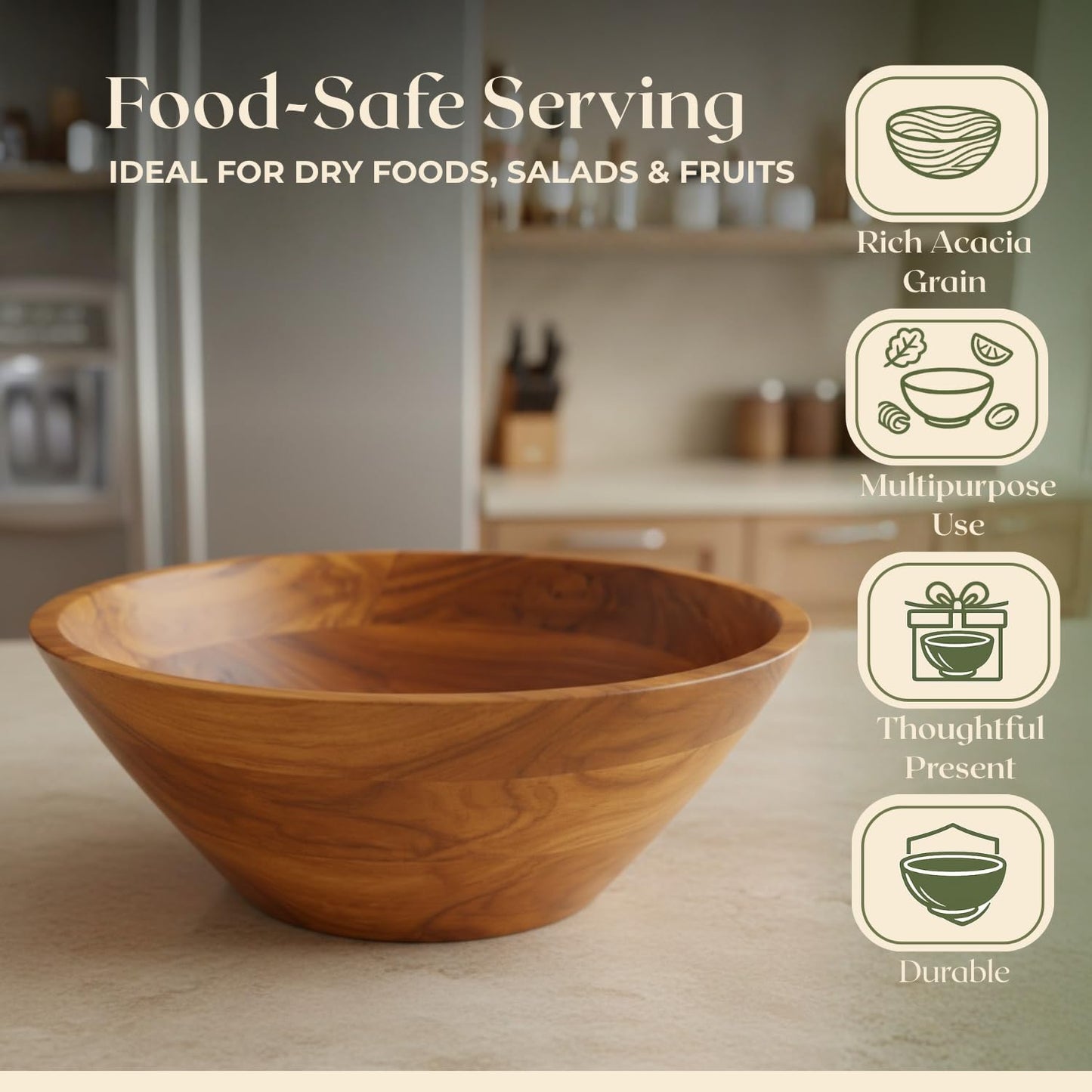 Aurah Acacia Wood Salad Bowl, 9.7" Diameter x 4.2" Height – Medium Wooden Mixing & Serving Bowls for Salad, Pasta and Fruits – Kitchen & Outdoor Dining - Capacity 3.8 Quarts