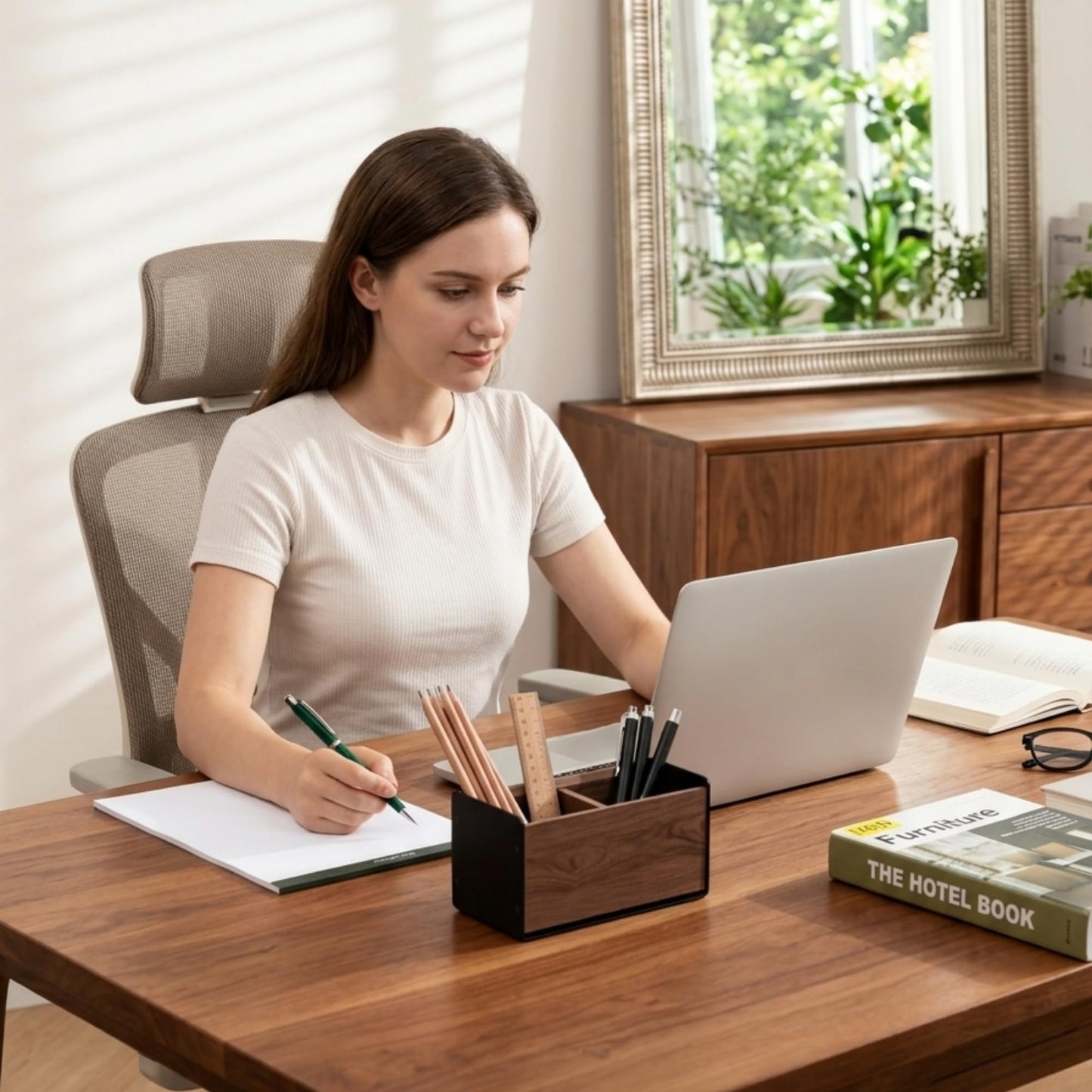 muso wood Wooden Pen Holder for Desk, Artisan Walnut & Aluminum Pencil Cup Organizer for Office & Home, Unique Modern Desktop Accessory (2 Slot)