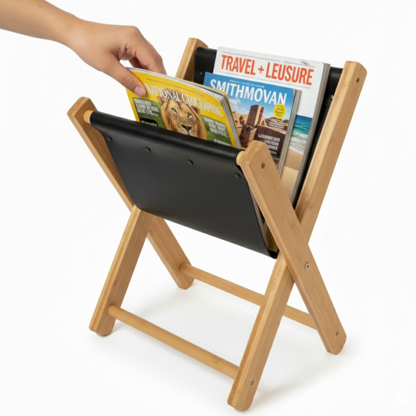 Craftilux Premium Leather Magazine Holder - Wooden Magazine Rack Floor Standing - Brochure Holder and Book Display Stand - Modern Magazine File Holder & Newspaper Rack for Home, Bathroom, Office Decor