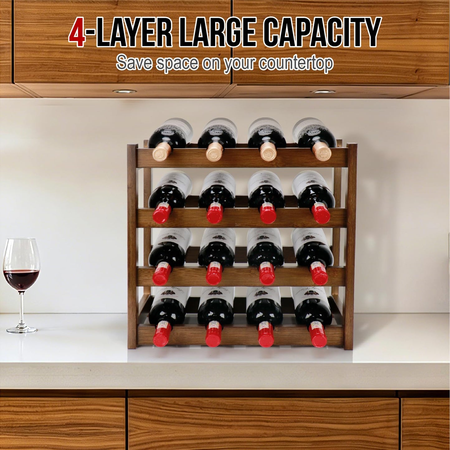 Thalomely Bamboo Wine Rack, 4-Tier 16 Bottles Wine Storage Cabinet Shelf, Easy-Assembly Freestanding Bamboo Wine Racks Countertop for Kitchen Pantry Dining Room Bar, Walnut
