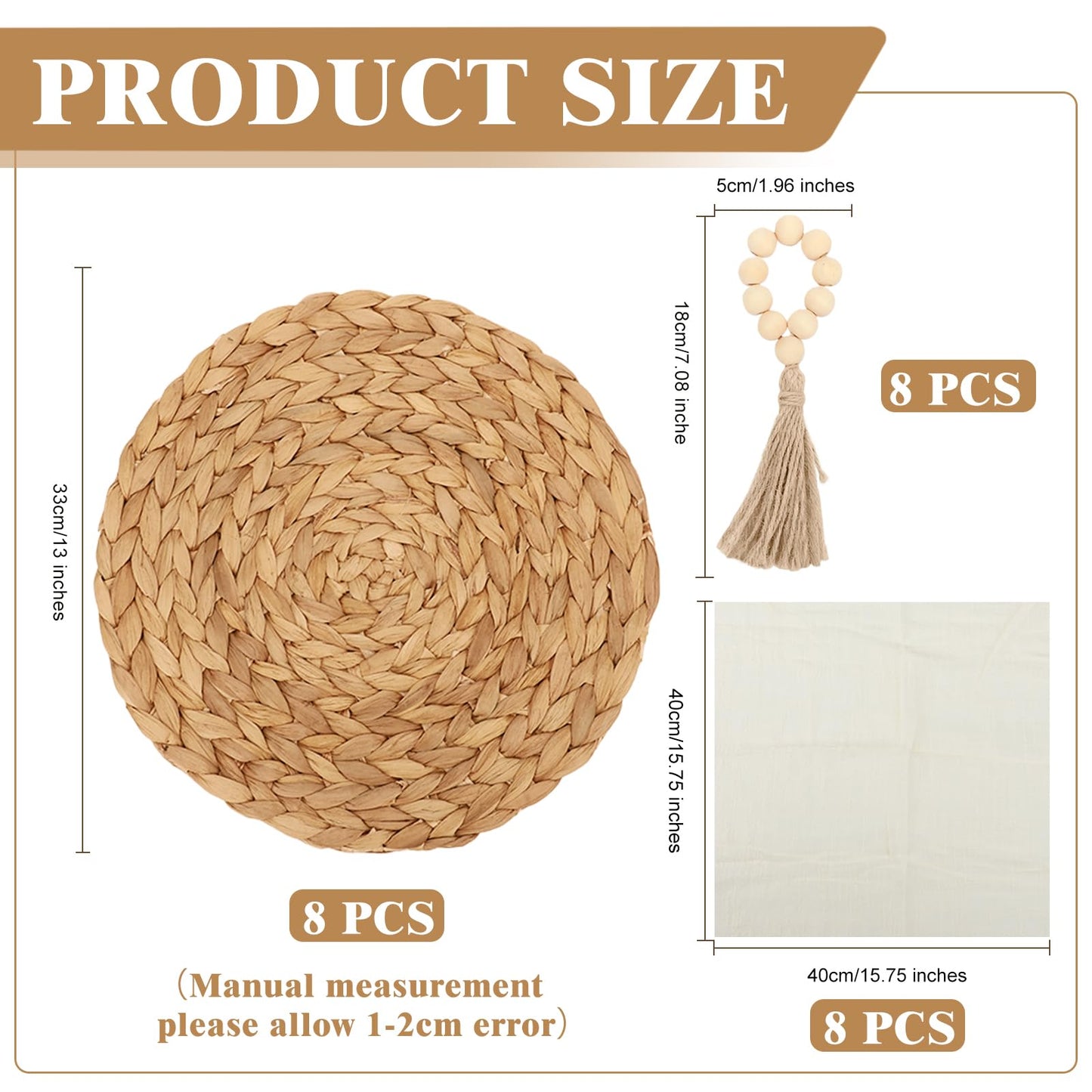 24 PCS Round Woven Placemats Set, 8 Boho Rattan Tablemats 13" Natural Water Hyacinth Farmhouse Place Mats with 8 Napkin, 8 Wooden Beads Napkin Ring for Kitchen Dining Table Decor Wedding Christmas