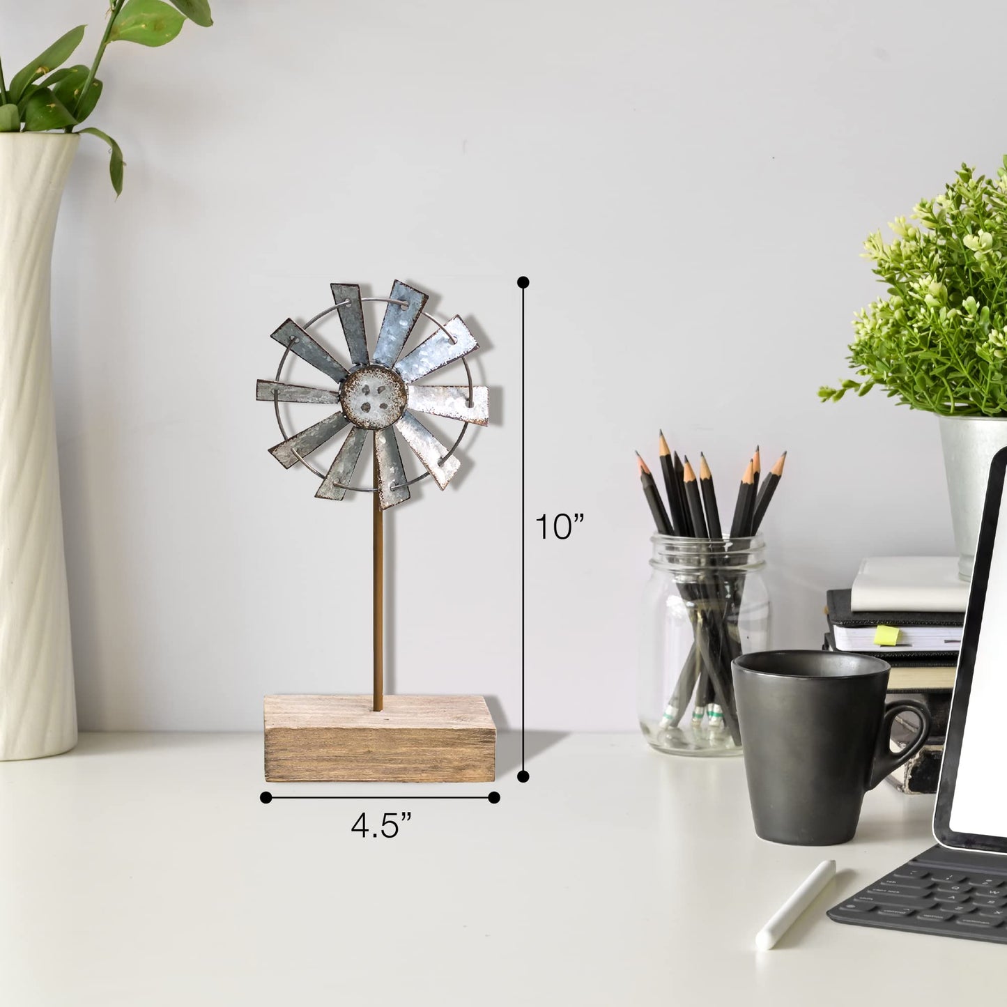 CWI Gifts Simple Windmill Table Sitter - 10 inch Galvanized Metal Windmill - Farmhouse Tabletop Decor