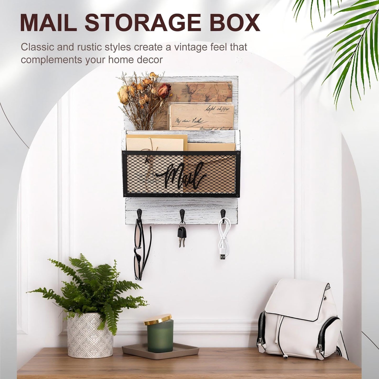 Yalikop Farmhouse Mail Organizer Wall Mounted Rustic Mail Holder Hanging Key Sorter with 3 Hooks Indoor Wooden Wall Mounted, Letter, Magazines, Newspapers, Keys(Classics,White Gray)