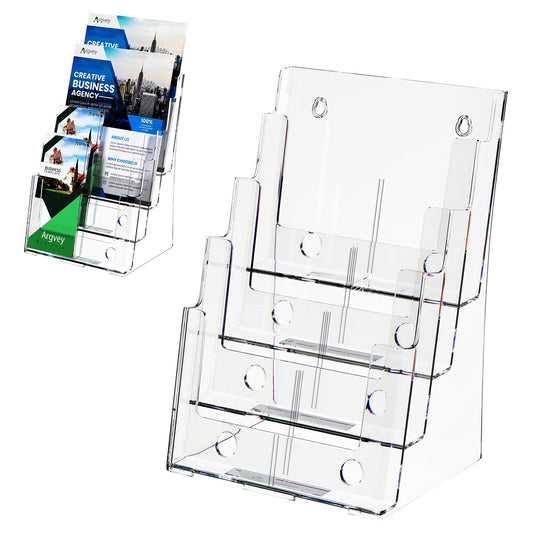 Argvey Acrylic Brochure Holder 8.5 x 11 inches, 4 Tier Clear Brochure Display Stand with Removable Divider for Trifold 4 Inches Wide Pamphlet, Plastic Flyer Holder for Magazine, Literature, Booklet